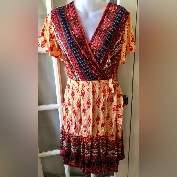 Women S Summer Wrap V Neck Bohemian Floral Print Mini Dress